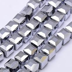 Platinum Plated Faceted Cube Shaped Crystal Glass Beads Strands, Platinum Plated, 10x10x10mm, Hole: 1mm, about 79pcs/strand, 30.7 inch