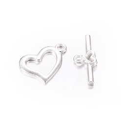 Silver Alloy Toggle Clasps, Cadmium Free & Lead Free, Heart, Silver Color Plated, Heart: 15x19mm, hole: 1.8mm, Bar: 22x9mm, Hole: 1.8mm.