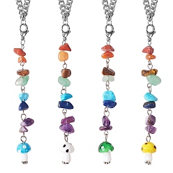 Mixed Stone Gemstone Chip Pendant Decorations, 304 Stainless Steel Curb Chain Hanging Mushroom Ornament, with Lobster Claw Clasp, for Car Rear Mirror, Wall, Bag, 200mm, 4pcs/set
