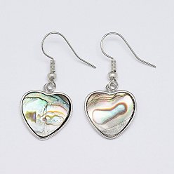 Platinum Abalone Shell/Paua Shell Dangle Earrings, with Brass Earring Hooks, Heart, Platinum, 35mm, pin: 0.5mm
