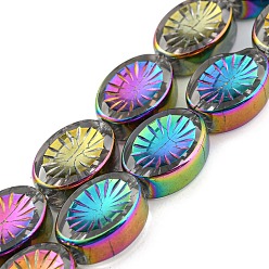 Colorful Electroplate Glass Beads Strands, Full Plated, Oval with Flower, Colorful, 14x10.4x4.8mm, Hole: 1.2mm, about 45pcs/strand, 25.04 inch(63.6cm)
