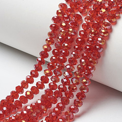 Rouge Plaquent verre transparent perles brins, demi arc-en-ciel plaqué, facette, rondelle, rouge, 6x5mm, Trou: 1mm, Environ 85~88 pcs/chapelet, 16.1~16.5 pouce (41~42 cm)