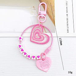 Pink Cube & Heart Acrylic Pendant Keychain, with Polyester Cord and Spray Painted Alloy Findings, Pink, 11cm