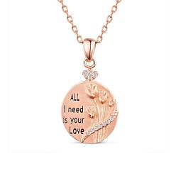 Rose Gold SHEGRACE Adorable 925 Sterling Silver Pendant Necklaces, with Grade AAA Cubic Zirconia, Flat Round with Word, Rose Gold, 15.7 inch(40cm)