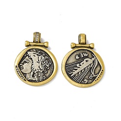 Antique Silver & Antique Golden Rack Plating Brass Micro Pave Clear Cubic Zirconia Pendants, Cadmium Free & Lead Free & Nickle Free, Flat Round with Greece Coin Charm, Antique Silver & Antique Golden, 31x22.5x5.5mm, Hole: 4.5x3mm
