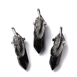 Obsidian Natural Obsidian Pendants, with Antique Silver Tone Brass Findings, Cadmium Free & Lead Free, Double Terminal Pointed Bullet with Leaf, 44~47x14~15x14~15mm, Hole: 6.2x3.5mm