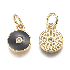 Black Brass Micro Pave Cubic Zirconia Charms, with Enamel and Jump Ring, Long-Lasting Plated, Real 18K Gold Plated, Flat Round, Black, 10x8x1mm, Hole: 3mm