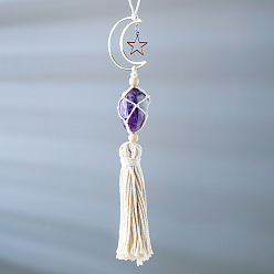 Amethyst Hanging Moon Star Braided Macrame Ornaments, Tumbled Amethyst Pendant Decorations, with Cotton Tassel, 230mm