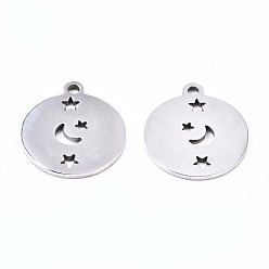 Stainless Steel Color 201 Stainless Steel Pendants, Laser Cut Pendants, Flat Round with Moon & Star, Stainless Steel Color, 15.5x13.5x1mm, Hole: 1.4mm
