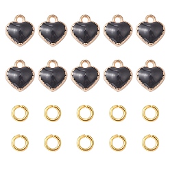Black Heart Alloy Enamel Charms, with Brass Open Jump Rings, Black, Charms: 8x7.5x2.5mm, hole: 1.5mm, 10pcs; Jump Rings: 20 Gauge, 4x0.8mm, Inner Diameter: 2.4mm, 10pcs