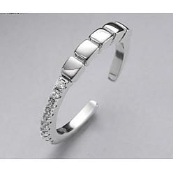 Platinum Rhodium Plated 925 Sterling Silver Rectangle Open Cuff Ring with Crystal Rhinestone, Platinum, Inner Diameter: 16mm