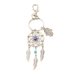 Antique Silver & Platinum Tibetan Style Alloy Pendant Keychain, with Synthetic Turquoise Beads & Handmade Evil Eye Lampwork Beads and Alloy & Iron Findings, Woven Net/Web with Feather & Hamsa Hand, Antique Silver & Platinum, 12.7cm