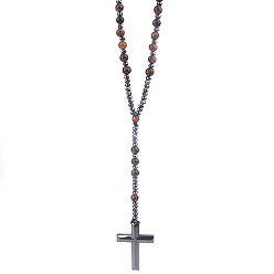 Tiger Eye Natural Tiger Eye Rosary Bead Necklace, Synthetic Hematite Cross Pendant Necklace, 27.56 inch(70cm)