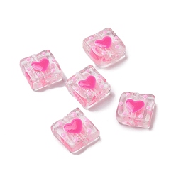 Pink Valentine's Day Handmade Lampwork Enamel Beads Strands, Square with Heart, Pink, 14~15x14~15x7~8mm, Hole: 1.2mm, about 25pcs/strand