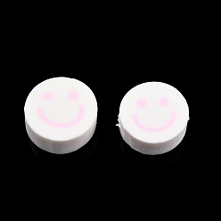 Pink Handmade Polymer Clay Beads, Flat Round with Smiling Face, Pink, 9~10x4mm, Hole: 1.2~1.6mm
