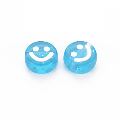 Deep Sky Blue Transparent Acrylic Beads, with Glitter Powder, Flat Round with White Enamel Smile Face, Deep Sky Blue, 10x5mm, Hole: 2mm, about 1450pcs/500g