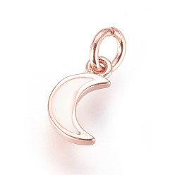 Rose Gold Enamel Brass Charms, with Jump Ring, Moon, White, Rose Gold, 10x6x2mm, Hole: 3mm