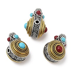 Antique Silver & Antique Golden Rack Plating Tibetan Style Alloy 3 Hole Guru Beads, T-Drilled Beads, with Synthetic Turquoise, Gourd, Cadmium Free & Lead Free, Antique Silver & Antique Golden, 18.5x11.5x13.5mm, Hole: 2mm and 1.2mm