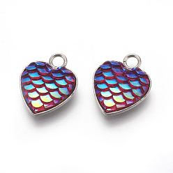 Camellia 304 Stainless Steel Pendants, with Resin, Heart with Fish Scale Shape, Stainless Steel Color, Camellia, 16x13x3.5mm, Hole: 2mm