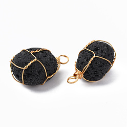 Lava Rock Natural Lava Rock Pendants, with Golden Plated Brass Wire Wrapped, Nuggets, 14~25x15~32x13~21mm, Hole: 4mm