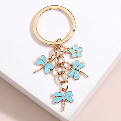 Deep Sky Blue Alloy Enemal Dragonfly & Flower Keychain, with Metal Key Rings, for Car Key Bag Charms Accessories, Deep Sky Blue, 100mm