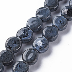 Midnight Blue Handmade Porcelain Ceramic Beads Strands, Famille Rose Style, Flat Round, Midnight Blue, 12x7mm, Hole: 2mm, about 28~29pcs/strand, 12.28~12.72 inch(31.2~32.3cm)