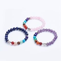 Mixed Stone Natural Mixed Stone Beaded Stretch Bracelets, with Alloy Spacer Beads, Elephant, Antique Silver, 1-3/4 inch(45mm)