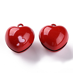 Rouge Cuisson pendentifs de cloche en laiton peint, cœur, rouge, 21.5x20x17mm, Trou: 2mm