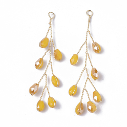 Or Perles de rocaille en verre enroulées de gros pendentifs, avec fils en laiton plaqué or, or, 51~55x11~14x3mm, Trou: 2mm