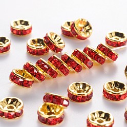 Light Siam Brass Rhinestone Spacer Beads, Grade A, Straight Flange, Golden Metal Color, Rondelle, Light Siam, 6x3mm, Hole: 1mm