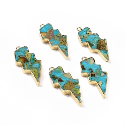 Medium Turquoise Dyed Natural Imperial Jasper Pendants, Lightning Bolt Charms, with Golden Tone Brass Findings, Medium Turquoise, 39.5x16.5x4mm, Hole: 1.8mm