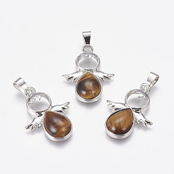 Tiger Eye Natural Tiger Eye Pendants, Angel, with Brass Finding, Platinum, 34x25.5x4.5~6.5mm, Hole: 4~5x7mm