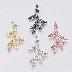 Mixed Color Brass Micro Pave Cubic Zirconia Pendants, Branch, Mixed Color, 37~38x23x3mm, Hole: 3x5mm