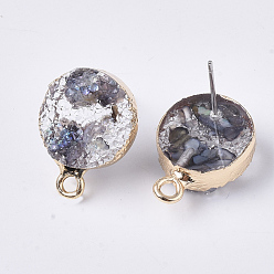 Colorful Druzy Resin Stud Earring Loops, with Steel Pins and Edge Light Gold Plated Iron Loops, Flat Round, Dark Gray, 18x13.5mm, Hole: 1.8mm, Pin: 0.6mm