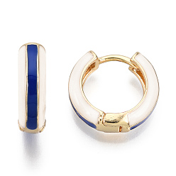 Blue Brass Huggie Hoop Earrings, with Two Tone Enamel, Real 18K Gold Plated, Blue, 15x16.5x5mm, Pin: 1x1mm