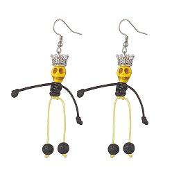 Yellow Synthetic Turquoise & Natural Lava Rock Braided Skeleton Dangle Earrings, 316 Surgical Stainless Steel Long Drop Earrings for Halloween, Yellow, 79mm, Pin: 0.8mm