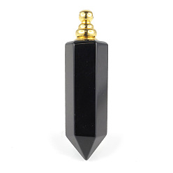 Obsidienne Pendentifs de bouteilles de parfum ouvrantes en obsidienne naturelle, breloques de bouteille de parfum balle pointue à facettes avec capuchon en métal plaqué or, 44x12mm