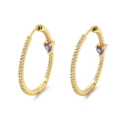 Lilac Cubic Zirconia Heart Hoop Earrings, Real 18K Gold Plated Brass Jewelry for Women, Lilac, 30x1.5~4.5mm, Pin: 1mm