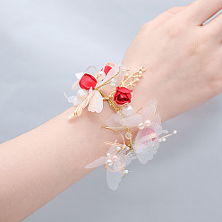 Red Silk Cloth Butterfly and Flower Wrist Corsage, with Plastic Pearl & Glass Beads and Alloy Findings, for Bride or Bridesmaid, Wedding, Party Decorations, Red, 130mm
