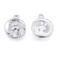 Real Platinum Plated Brass Charms, Cadmium Free & Nickel Free & Lead Free, Hollow, Flat Round with Rabbit, Real Platinum Plated, 14.5x12x2mm, Hole: 1.6mm