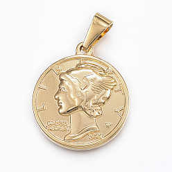 Golden 304 Stainless Steel Coin Pendants, Flat Round, Golden, 29x25x3.5mm, Hole: 9x4.5mm