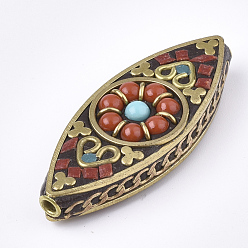 Red Handmade Indonesia Beads, with Brass Findings, Horse Eye, Golden, Red, 42x17x8~9mm, Hole: 2mm