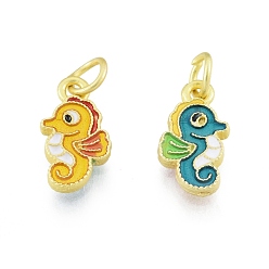 Colorful Alloy Enamel Charm, with Jump Rings, Matte Gold Color, Sea Horse, Colorful, 13.5x7.5x1.8mm, Hole: 3.6mm
