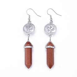 Goldstone Pointed Bullet Synthetic Goldstone Dangle Earrings, with Brass Earring Hooks and Flat Round with Aum/Om Symbol Links, Yoga Theme, Platinum, 78mm, Pin: 0.7mm