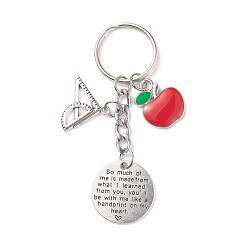 Antique Silver & Platinum Red Apple Triangular Ruler Alloy Charm Keychain, Flat Round with Word Keychain for Teacher's Day Gifts, Antique Silver & Platinum, 8cm