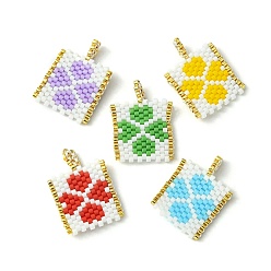 Couleur Mélangete Perles de rocailles à motif de métier à tisser japonais miyuki faites à la main, rectangle avec pendentifs trèfle, couleur mixte, 24~24.5x17.5x2mm, Trou: 2.5mm