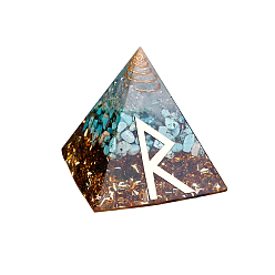 Synthetic Turquoise Orgonite Pyramid Resin Display Decorations, with Brass Findings, Gold Foil and Synthetic Turquoise Chips Inside, for Home Office Desk, 50mm