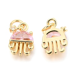 Pearl Pink Brass Micro Pave Cubic Zirconia Charms, with Jump Rings, Long-Lasting Plated, Real 18K Gold Plated, Jellyfish Shape, Pearl Pink, 12.5x8.5x4.5mm, Hole: 3.3mm