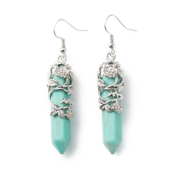 Synthetic Turquoise Synthetic Turquoise Bullet with Flower Dangle Earrings, Platinum Tone Brass Jewelry for Women, Cadmium Free & Lead Free, 62~63mm, Pin: 0.6mm