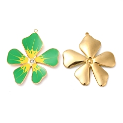 Lime Green 304 Stainless Steel Enamel Pendants, with Rhinestones, Real 18K Gold Plated, Flower Charm, Lime Green, 37.5x33x3mm, Hole: 1.4mm